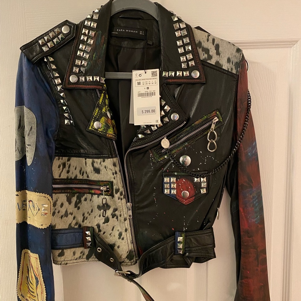 ZARA retro real leather jacket with studs and mohair animal print.
